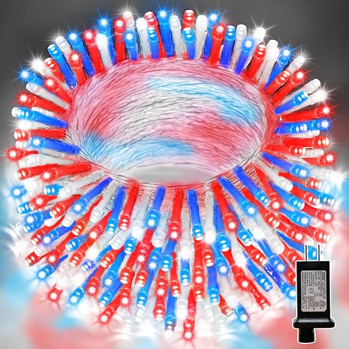 LAMPHOME 33ft Red White Blue String Lights, 100 LED 4th of July Patriotic Fairy Lights Plug in, 16 Lighting Modes Starry Lights for Outdoor Tree Independence Day Memorial Day Party Decor