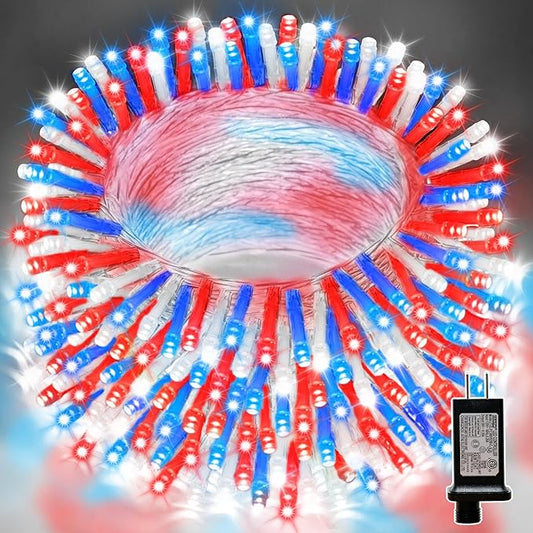 LAMPHOME 33ft Red White Blue String Lights, 100 LED 4th of July Patriotic Fairy Lights Plug in, 16 Lighting Modes Starry Lights for Outdoor Tree Independence Day Memorial Day Party Decor