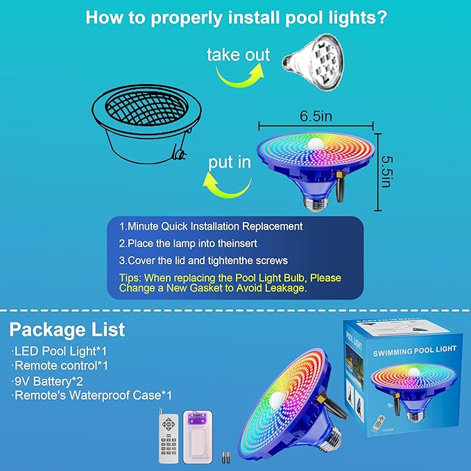 Pool Lights for Inground Pool LED Pool Light Bulb for Above Ground Swimming Pool – LED Pool Lights for Inground Pool, 120V Spa Light Bulb E26 Base, Multi-Color & Adjustable Brightness – Blue