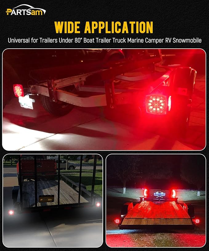 Partsam 12V Submersible Square Led Trailer Lights, Red White LED Stop Turn Tail Reverse Backup License Side Marker Running Light Lamp for Trailers Under 80", Truck, IP68, Red Clear Lens