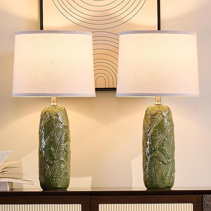 25” Green Lamps Set of 2 with Leaves Design for Living Room, Bedroom, Retro Ceramic Table Lamps for Nightstand Set of 2