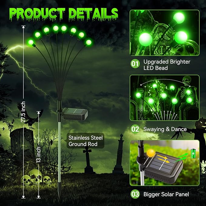 LETMY 6Pack 48 LED Halloween Decorations Outdoor Upgraded Swaying Solar Lights Outdoor, Waterproof Solar Firefly Lights Solar Halloween Lights for Pathway Yard Garden Decorations (Green)