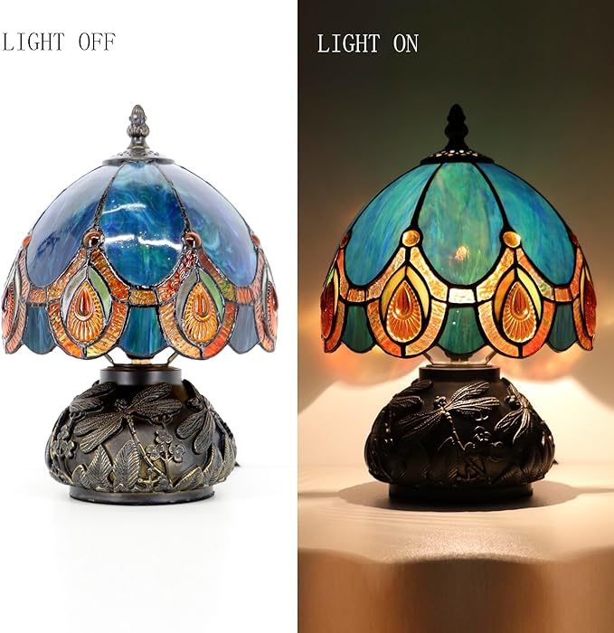Small Tiffany Mushroom Table Lamp,Mini Memory Sympathy Antique lamp 8X11 Inch (Peacock Crystal)