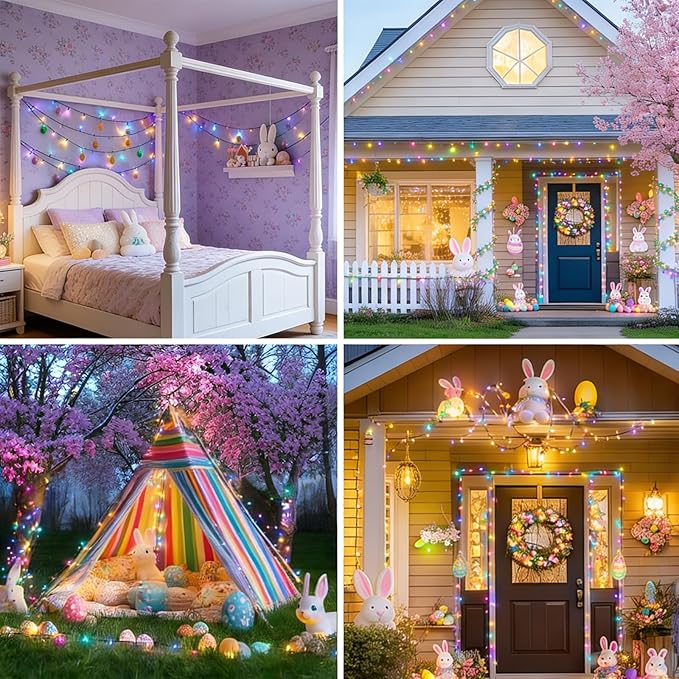 LAMPHOME Pastel Easter Lights String, Multicolor Christmas Mini Light, 32.5FT 100 LED with 16 Light Modes Green Wire, Fairy Lights Plug in for Outdoor Xmas Trees Garland Wreath Holiday Decorations