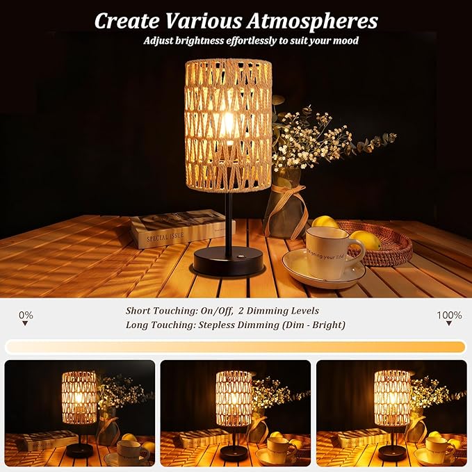 Rechargeable Outdoor Table Lamps, Rattan Boho Cordless Battery Operated Table Lamps, Patio Lamp for Living Room, Balcony, Bedside Decor- Set of 2 (Beige)