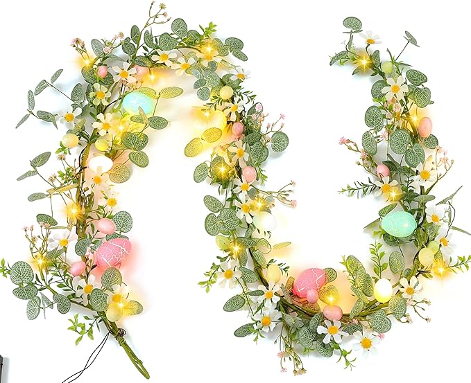 Easter Garland for Mantle - 6FT Faux Eucalyptus Garlands with Daisy, Pink Bloom & Egg, 20 LED Lights, Battery Operated Auto Timer, Flexible for Indoor Outdoor Spring Home Decor