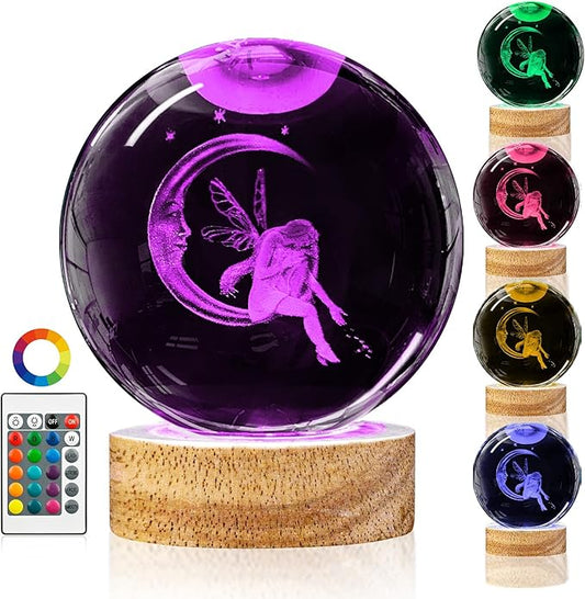 3D Moon Fairy Crystal Ball Night Light with Remote Upgraded 3.15 In Fairy Moon Figurine Glass Ball Lamp with 16 Color Wooden LED Base Elegant Fairy Room Table Decor Gifts for Kid Teens Women