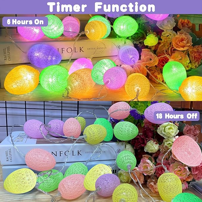 TURNMEON Velvet Easter Lights String Easter Decorations, 10FT 20LED 3D Egg Light Garland with Timer Battery Operated Colorful Fairy Lights, Easter Decor for Home Bedroom Patio Indoor Outdoor