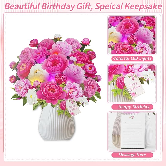 Birthday Cards with MUSIC & LIGHTS, Pop Up Happy Birthday Cards, Pink Penoy, 10 Inch Life Sized Forever Flower Bouquet Greeting Card Gifts for Women Mom Grandma