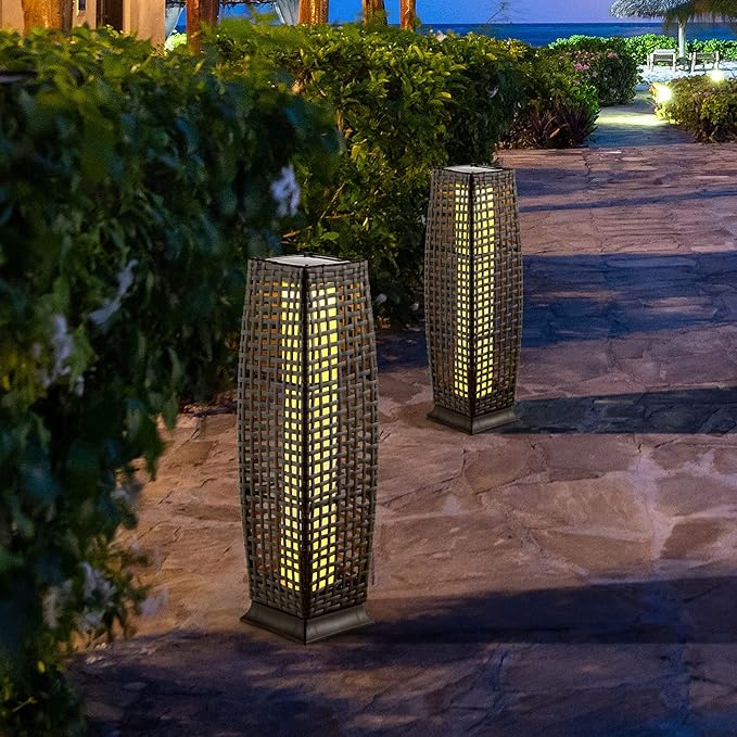 Tangkula 2-Piece Outdoor Solar Powered Floor Lamps, IP65 Waterproof Wicker Floor Lamps with Auto On/Off LED Light, Outdoor Decorative Lanterns for Garden Patio Porch Deck Pathway (Cross-Mix Brown)