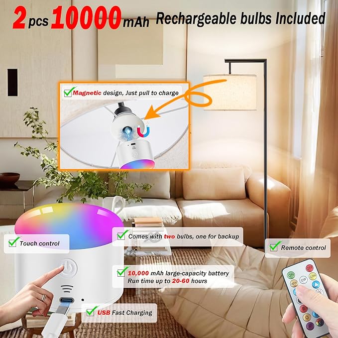 Modern Battery Operated Floor Lamp Cordless for Living Room, 10000mAh RGB Dimmable Lamp with Remote Control Lighting time up to 50 hrs, Tall Standing Floor Lamp for Bedroom, 2 Bulb