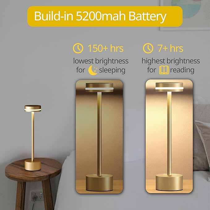 Portable Rechargeable Bedside Lamp, Touch Stepless Dimmable Desk Lamp, Cordless Table Lamp, Ideal for Home, Bedroom, Hotel, Restaurant, Bar, Outdoor, 1 Pack (Gold)