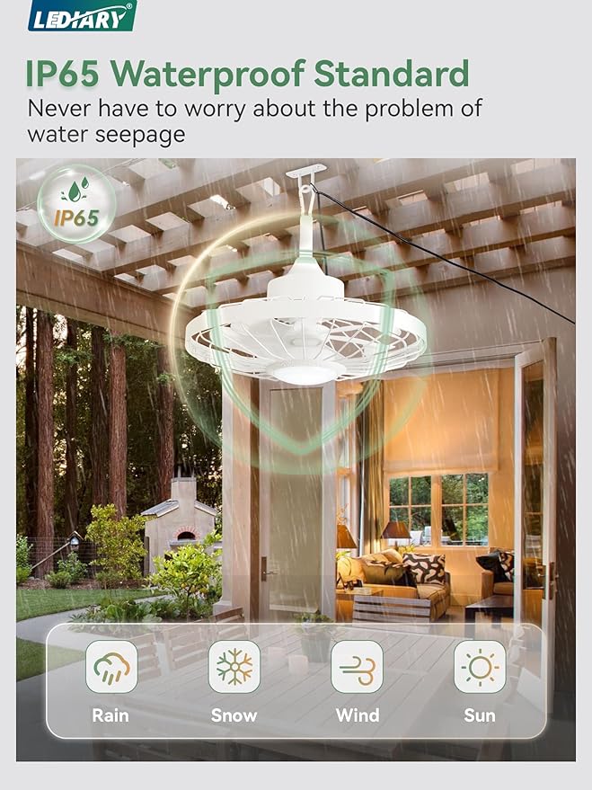 LEDIARY 20" Outdoor Ceiling Fan with Lights,IP65 Waterproof Gazebo Hanging Fan with Remote Control Smart App, Plug in Caged Ceiling Fan with 3CCT 6-Speeds for Patio Porch Pergola(White)