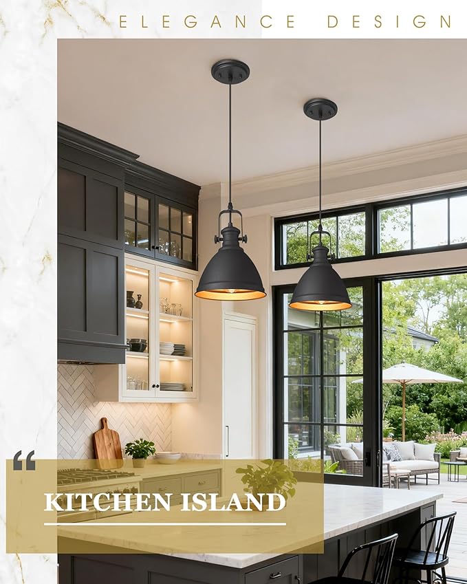 2-Pack Pendant Lights Kitchen Island, 8" Black Hanging Lights Fixtures with Metal Shade, Farmhouse Rustic Kitchen Pendant Lighting Over Island for Dining Room, AD-2151-2PM-BK