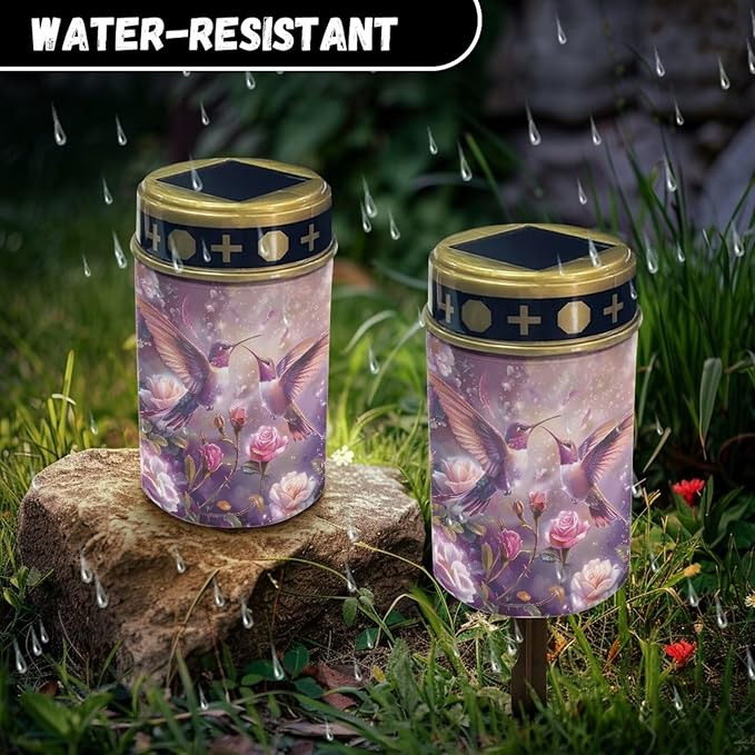 Hummingbird Purple Floral Prayer Cemetery Solar Lights for Grave Cemetery Decor Candle Lamp Cross and Floral Grave Solar Lights