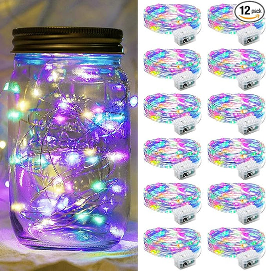 12 Pack Rainbow Fairy Lights 7Ft 20 LED Twinkle String Lights 3 Modes Battery Operated Waterproof Firefly Starry for Mason Jar Party Wedding Easter Valentines Day Table Centerpieces,Pastel