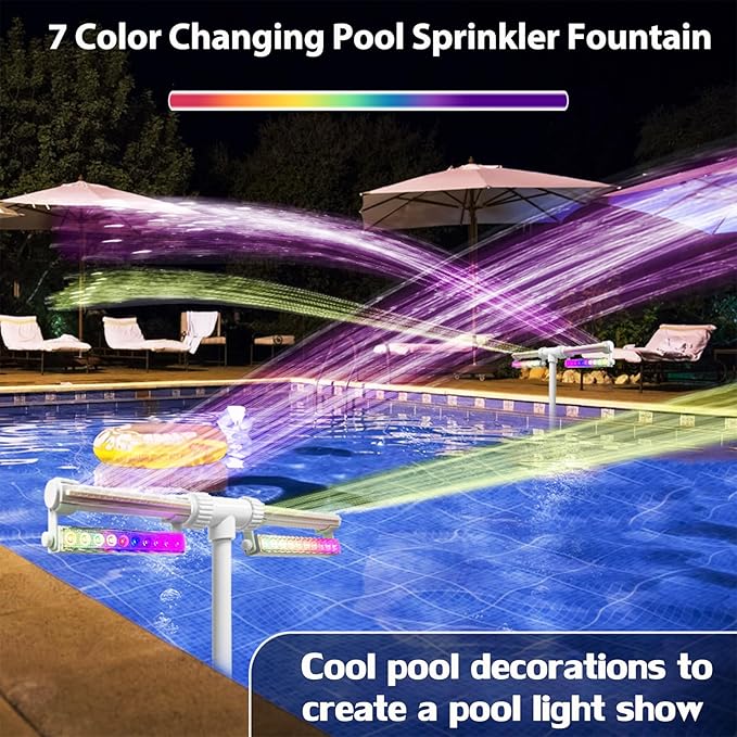 Solar Pool Fountain with Lights, 7 Color Changing Pool Light with Remote & Timer, Dimmable Dual-Head Adjustable Pool Sprinkler Waterfall Fountain, Pool Decor for Above-Ground In-Ground Pools (Solar)