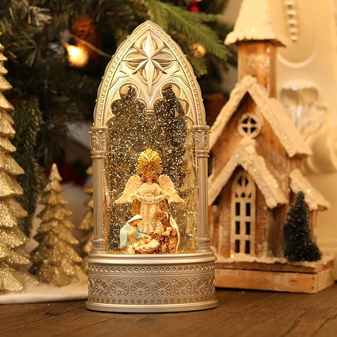 11.8 Inch Angel Snow Globe, Christmas Lantern with Glittering Lighted Plug-in, 3 AA Battery Operated & USB Powered, Angel Snow Globe Lantern for Christmas Home Decoration and Gift