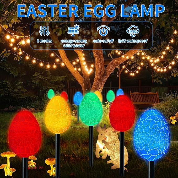 12 Packs Jumbo Solar Giant Easter Egg Lights, large Eggs Pathway Lights for Garden-8-Auto- Modes Waterproof LED Outdoor Decor with Stakes, Auto On, IP65 Weatherproof, Party Lawn Decorations for Easter