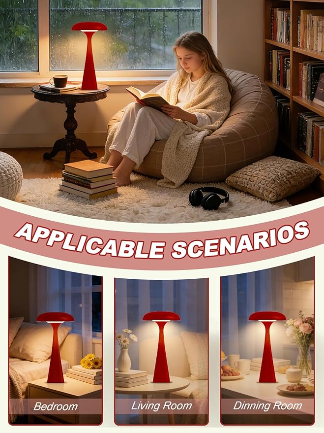 Cordless Table Lamp,Touch LED Reading Light,Cute Desk Lamp with 3 Colors Dimmable,Rechargeable Small Bedside Lamp,Vintage Mushroom Lamp for Bedroom Living Room Dorm Decor(Red)