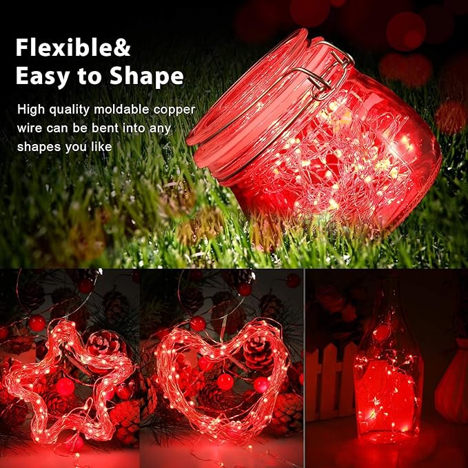 QITONG 4 Pack Red Solar Christmas Lights, Each 33ft 100 LED Christmas Fairy Light Outdoor Waterproof, 8 Modes Silver Wire Mini Twinkle Lights