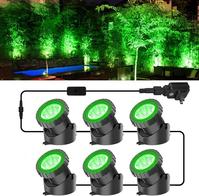 Green Pond Lights, Super Bright LED Underwater Submersible Landscape Spotlights, Switch Control IP68 Waterproof Fountain Lights for Fish Aquarium Tank Garden Yard Tree Pool (Set of 6)