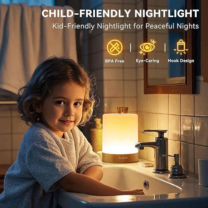 Auxmir Night Light for Kids Baby, Dimmable Touch Lamp for Nursery, 11 RGB Colors 5 Brightness, Portable Rechargeable Bedside Table Lamp for Nightstand, Kids Night Light for Bedroom Living Room, 2 Pack