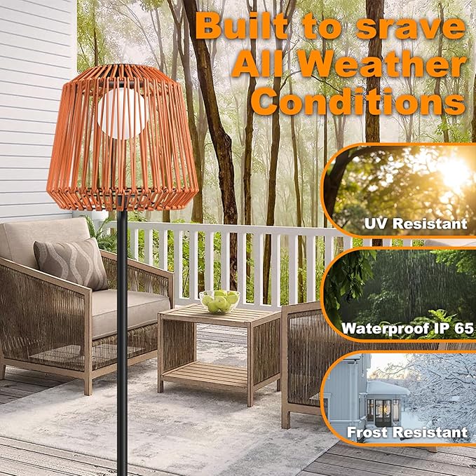 Outdoor Solar Floor Lamp, Garden Rattan Wicker Light, Metal Pole and Base, Waterproof Yard Garden Wedding Home Decor Light