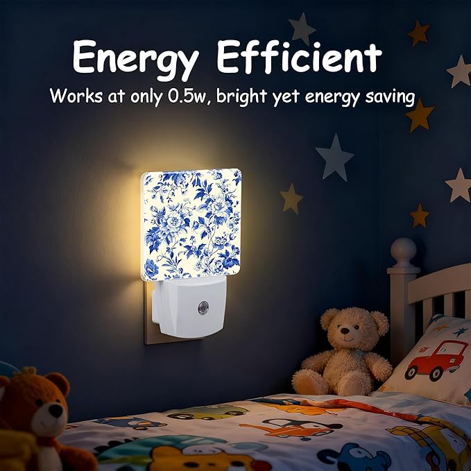 Vintage Blue Flowers Night Light for Kids, Dusk-to-Dawn Auto Sensor Plug in Night Light, 0.5W Energy Saving Non-Toxic Design for Bedroom/Bathroom, Ideal Gifts for Women, Men & Kids