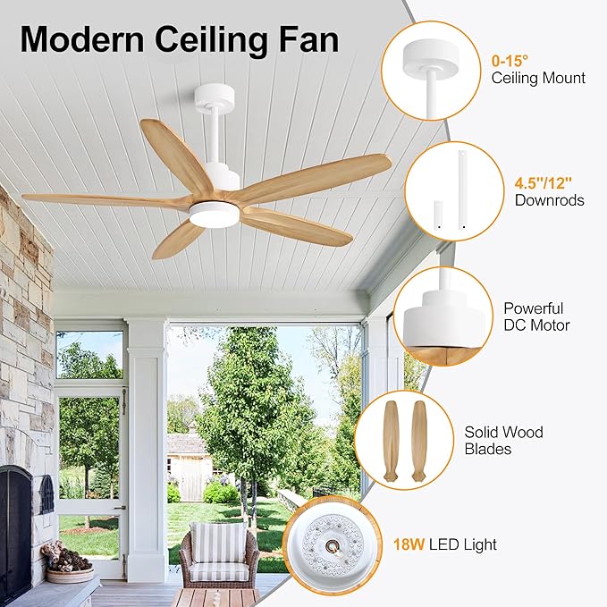 WINGBO 54" Ceiling Fan with Light - 5 Carved Solid Wood Blades, 6-Speed Reversible DC Motor, Dimmable, 3CCT, Noiseless Remote Control Ceiling Fans with Lights for Bedroom Living Room, White and Oak