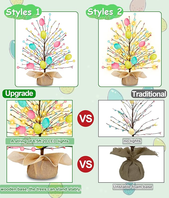 2 Pack & Timer - Easter Decorations, Easter Tree Tabletop with 20 Warm White Lights Battery Operated 19 Inch 8 Large Colorful Eggs 72 Colorful Berries Artificial Tree Easter Decor Spring Home Party