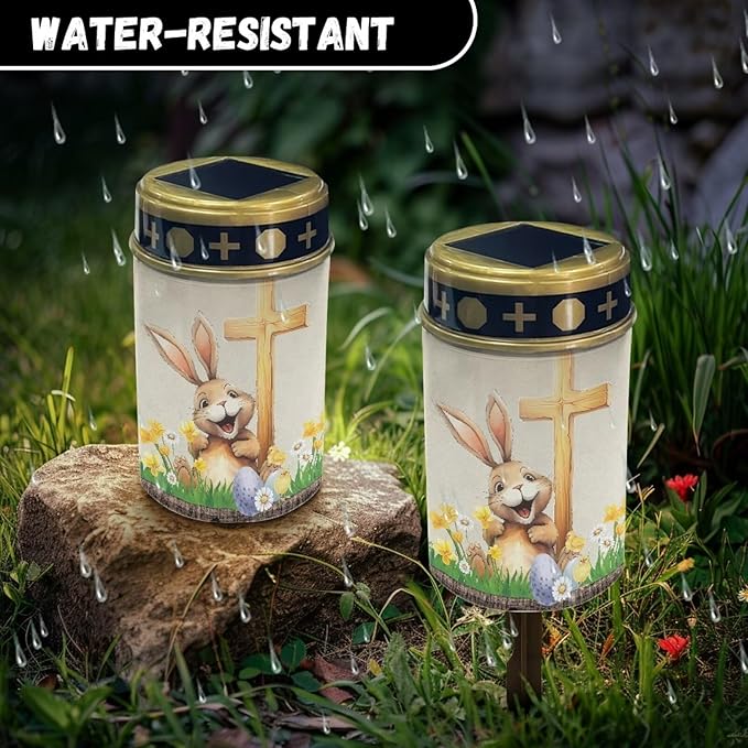 Rabbit and Cross Solar Grave Lights for Cemetery Flameless Solar Powered Light for Prayer Waterproof Cemetery Solar Lights for Grave Cemetery Easter Decor Candle Lamp