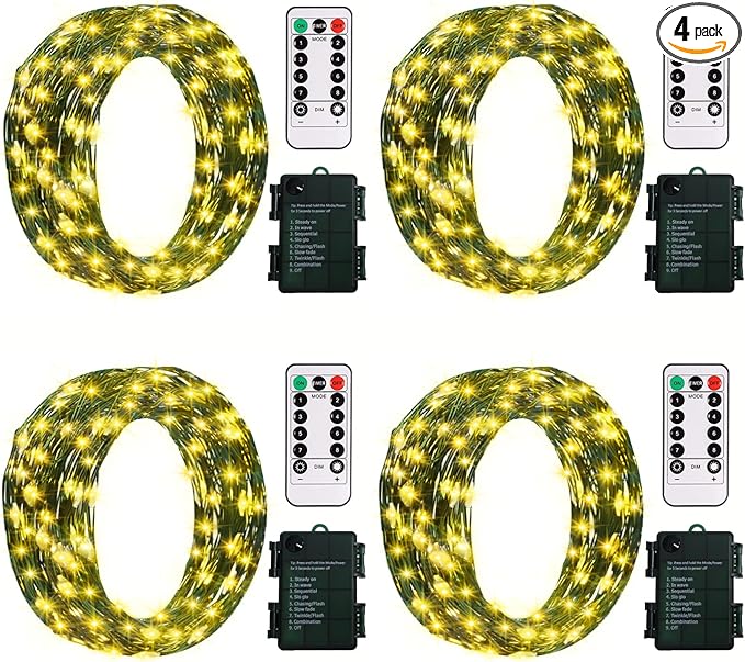 ZAIYW Battery Fairy Lights 4 Pack 16.5Ft 50 LED Fairy Lights with Remote Timer 8 Modes, Dark Green Copper Wire Waterproof Fairy String Lights for Bedroom Christmas Tree Garland Decor (Warm White)