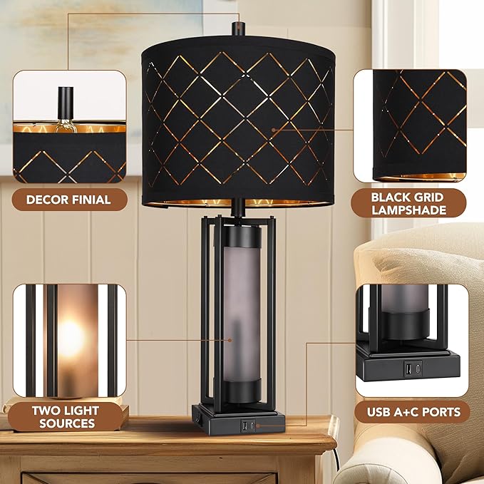Modern Table Lamp Set of 2, Nightstand Lamps with Black Grid Shade, Bedside Lamps with USB A+C Charging Ports, Decorative Table Lamp, Square Base, Desk Lamps for Living Room, Bedroom, 2 Bulbs Included