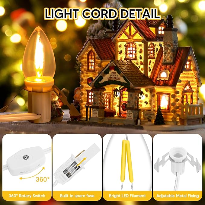 1Pack Accessory Cord with 4LED Bulbs and Outlet Christmas Village Light 8.9FT Blow Mold Light Cord with Spare Fuse Warm White C7 Lamp Christmas Village Accessories for Village Houses Craft Pumpkin