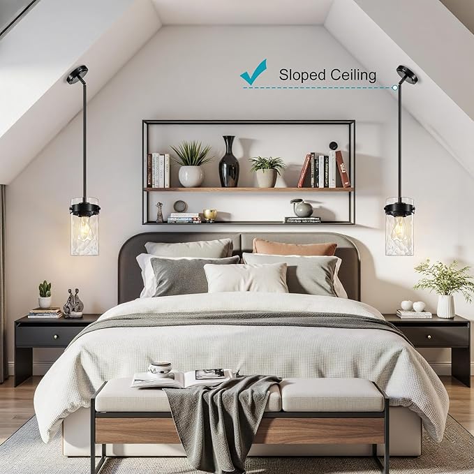 4.72" Hammered Glass Pendant Lighting for Kitchen Island 1 Pack, Modern Black Pendant Light Fixtures, Adjustable Ceiling Pendant Light for Kitchen Island Dining Room Bedroom Hallway