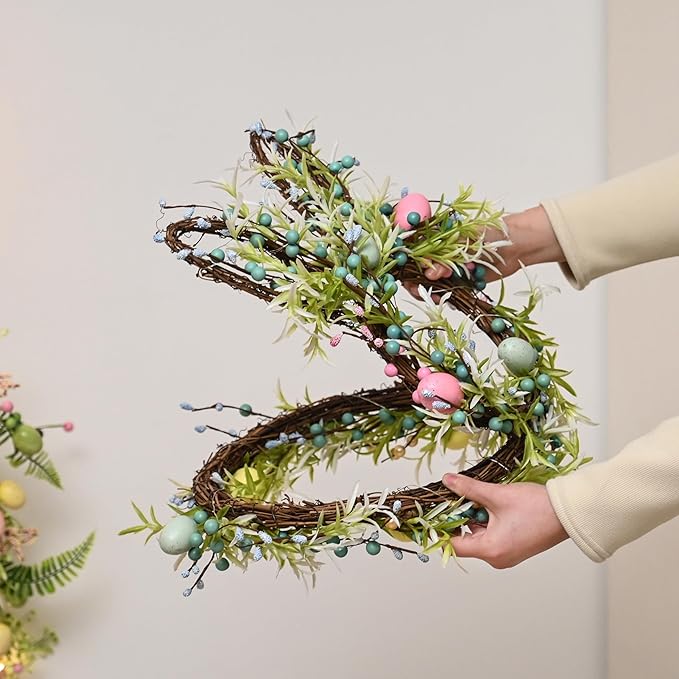 [Timer] Easter Bunny Wreath for Front Door, Lighted Easter Wreaths with 30 LED Warm Lights, Foldable Bunny Wreaths, Pre-Lit Easter Egg Wreath for Spring Decor