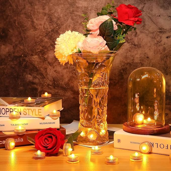 HL Submersible LED Light,Amber Mini LED Light,100 Hours Waterproof Flameless Led Lights Battery Powered for Wedding Home Vase Festival Party Decoration 12pcs (Built-in 24 Batteries)