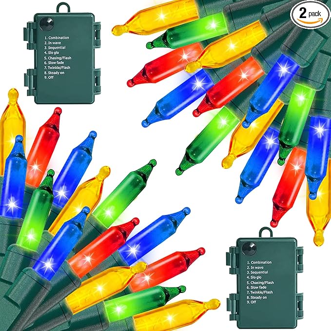 2 Pack 100 LED Outdoor Christmas Lights, 35FT Battery Operated Mini String Lights with 8 Modes & Timer Xmas Tree Lights Waterproof for Patio Garden Party Wedding Holiday Decor Multi-Color