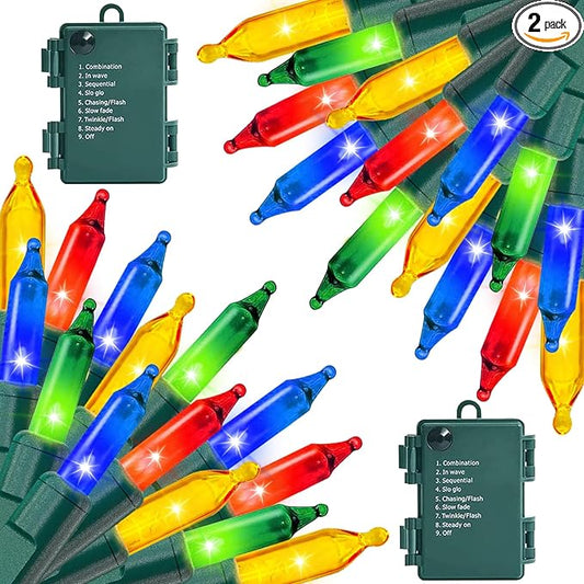 2 Pack 100 LED Outdoor Christmas Lights, 35FT Battery Operated Mini String Lights with 8 Modes & Timer Xmas Tree Lights Waterproof for Patio Garden Party Wedding Holiday Decor Multi-Color