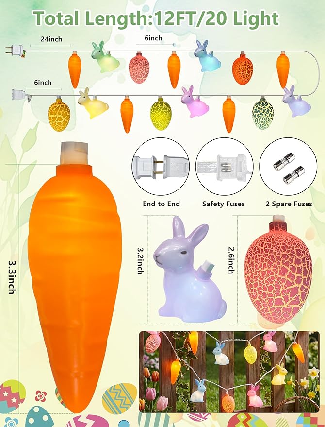 Multicolored Rabbit Cracked Egg and Carrot String Lights, 12FT LED Easter Fairy Light with 20 LED Rabbit Cracked Egg Carrot Lamps, Easter String Lights for Patio Balcony Bedroom Home Easter Decoration