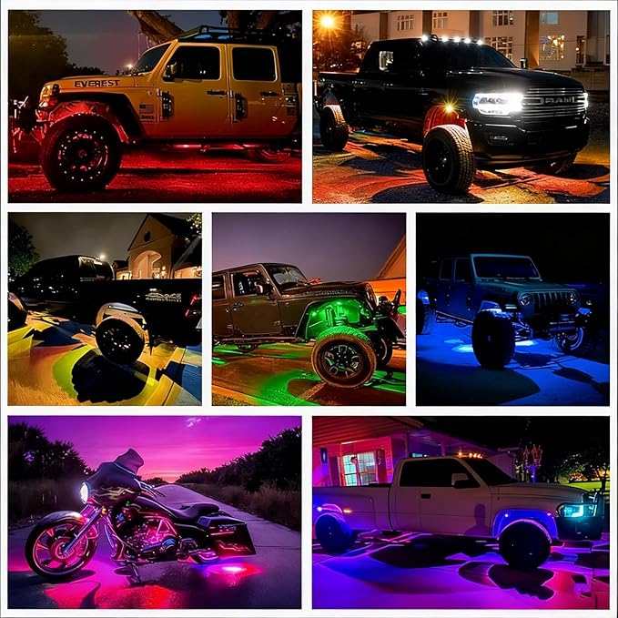 RGB LED Rock Lights Kit, 8 pods Multicolor Neon Light with Bluetooth App/Remote Control Flashing Music Mode, Aluminum Metal, IP68 Waterproof, 12v for Truck ATV UTV SUV