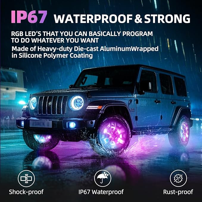 Tavaray 4PCS 14" Double Sided RGB LED Wheel Ring Lights with APP & Remote Control, 178+DIY Dynamic Modes w/Turn Signal Braking and Reverse Function Wheel Lights for Trucks Pickups Cars Offroad