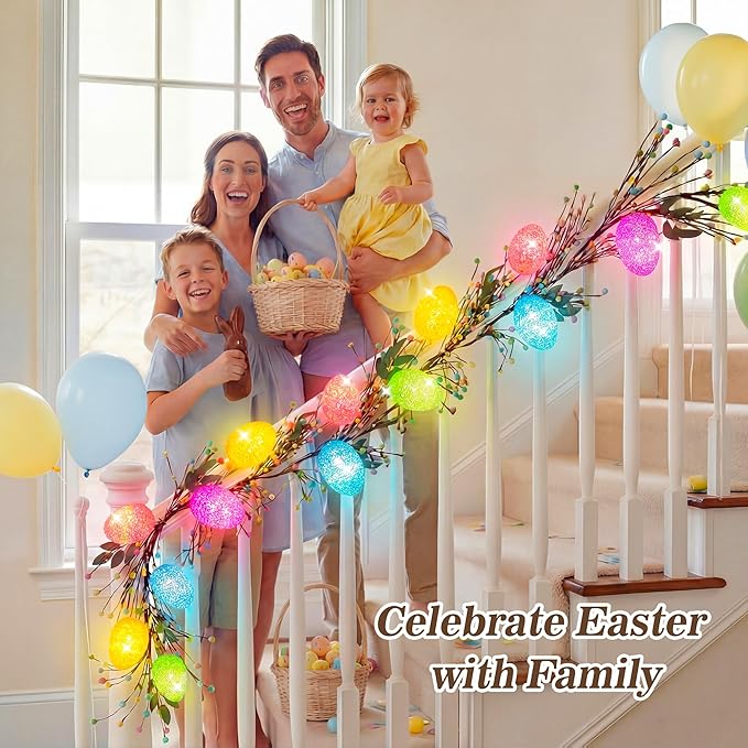 Enhon 6ft Easter Garland with Light, 15 LED Easter Egg Decoration, Spring Decorative for Mantle, Table Centerpieces, Stair Railing, Doorway, Windowsills, Front Door Décor & Party