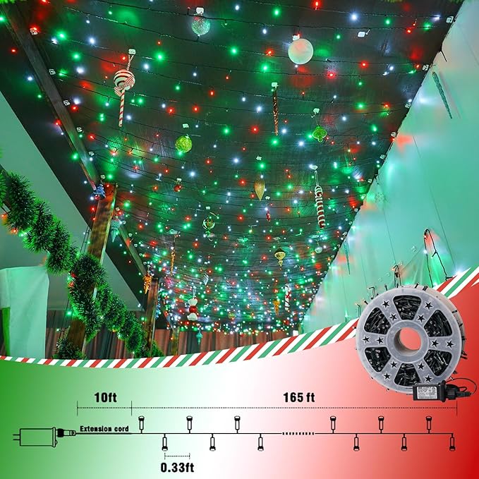 QITONG 165ft 500 LED Red White and Green String Lights, Christmas String Lights with Green Wire, 8 Modes Twinkle Lights Plug in