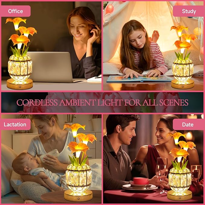 Flower Table Lamp, 3-Color Dimmable Artificial Flowers Night Light, Rechargeable Cordless Small Desk Lamp, Morning Glory with Crystal Vase for Party Date Home Decoration (Pink - Morning Glory)