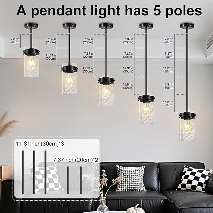 4.72" Hammered Glass Pendant Lighting for Kitchen Island 1 Pack, Modern Black Pendant Light Fixtures, Adjustable Ceiling Pendant Light for Kitchen Island Dining Room Bedroom Hallway