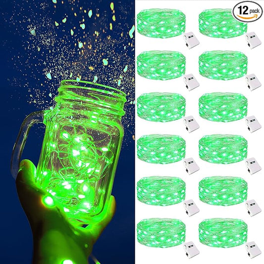 ZGWJ Fairy Lights Battery Operated, 12 Pack Green Twinkle String Lights 20 LED 7FT Mason Jar Lights Waterproof for Bedroom, Easter Decor, Halloween, Christmas, Party Indoor and Outdoor Decoration
