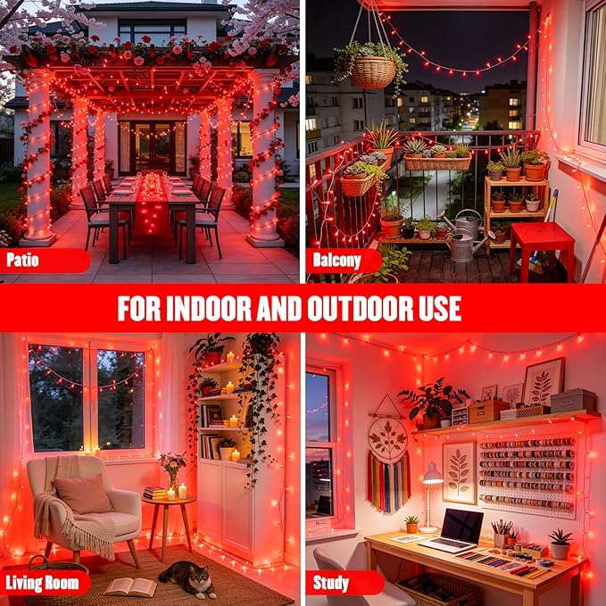 JMEXSUSS 4 Pack 50 LED Red Christmas Lights Battery Operated, Each 16.5ft Red String Lights with Timer, 8 Modes Valentine’s Lights Outdoor Waterproof for Wedding Anniversary Valentine’s Day Decor