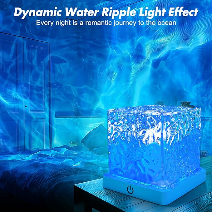 Rechargeable Shower Light No Wiring, 16 Color Changeable Ocean Wave Projector Light, Dimmable Waterproof Shower Lamp with Remote, Rotating Flame Water Ripple Lamp for Shower, Bathroom, Bedroom Decor